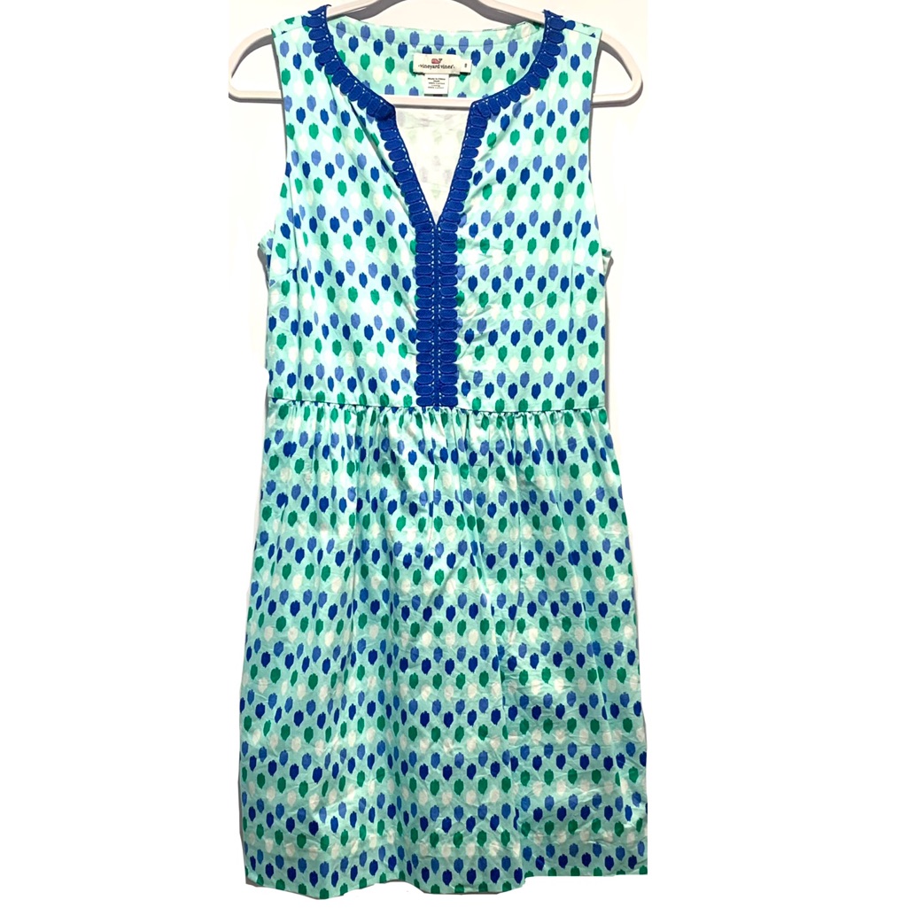 Vineyard Vines Blue Green Navy Ikat Print Polka Dot Rickrack Dress